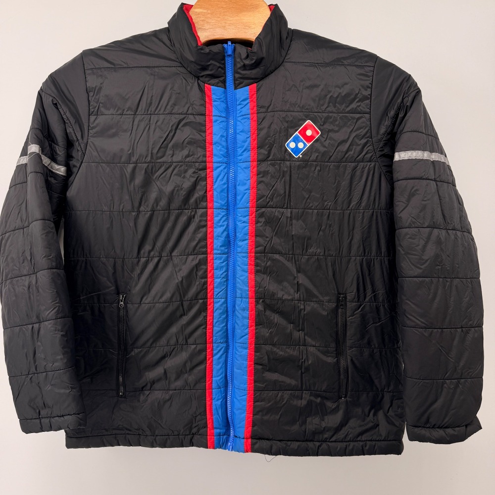 Domino's Gear Puffer Jacket Mens Large Black Quilted Reflective Uniform Zip Up
